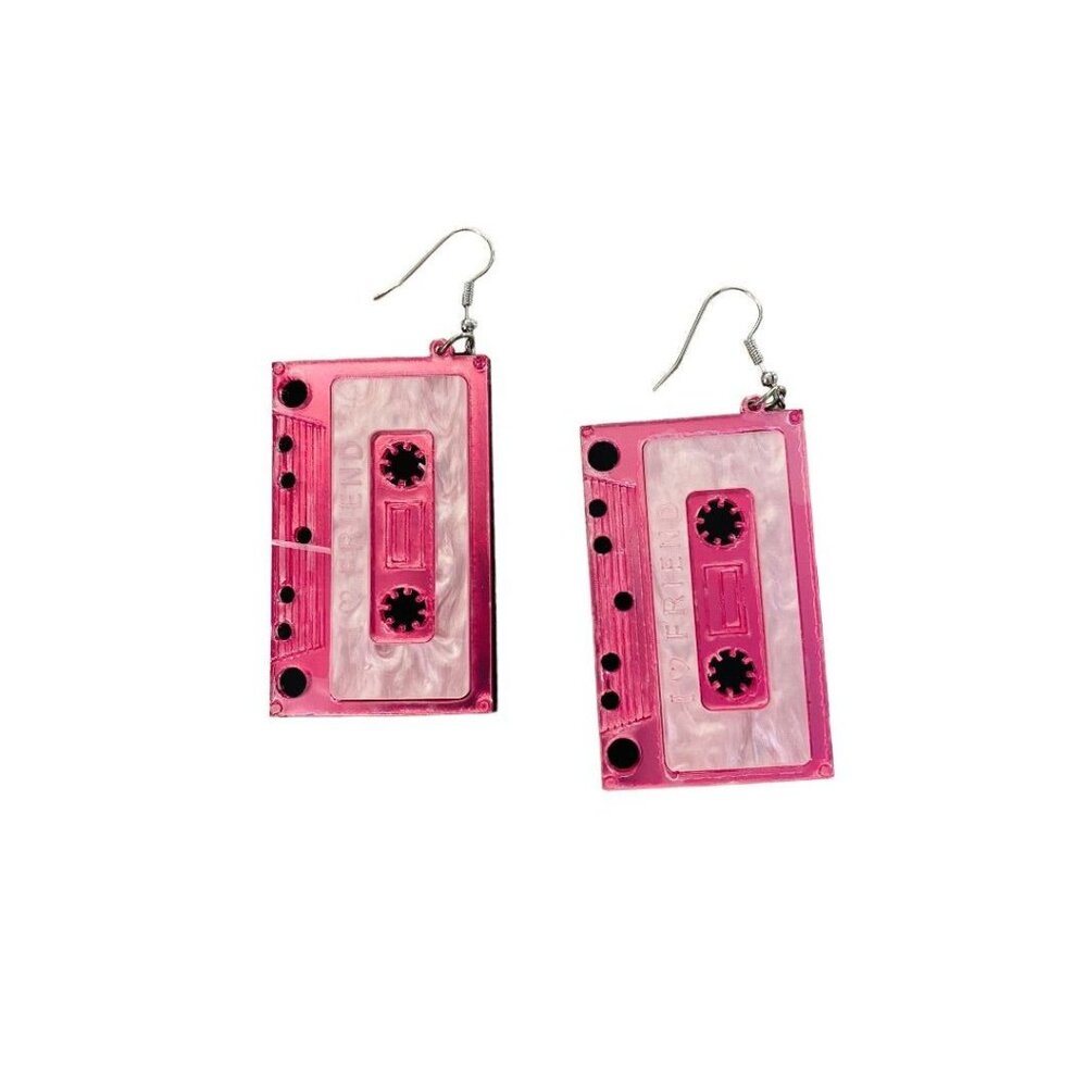 Retro 1980s Cassette Tape Pink Earrings Plastic Wire Hook 3" Drop Dangle